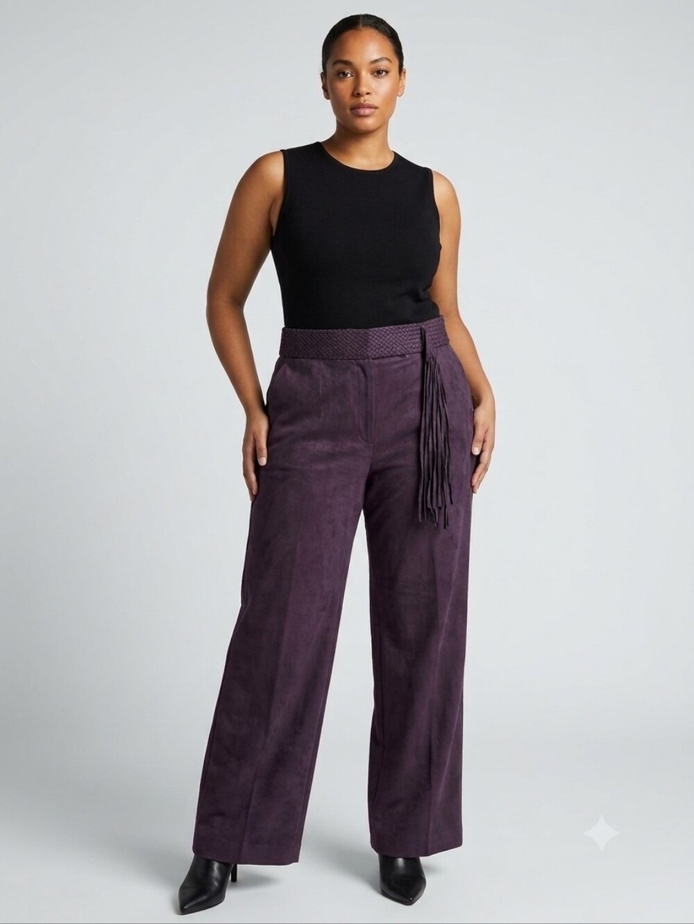 Mantles Faux Suede Wide Leg Pants Purple Braided Belt Fringe Detail Size 14 Boho